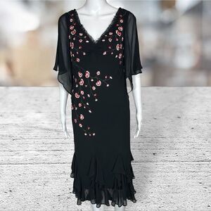 Sue Wong Embroidered Ruffle Hem Silk Dress